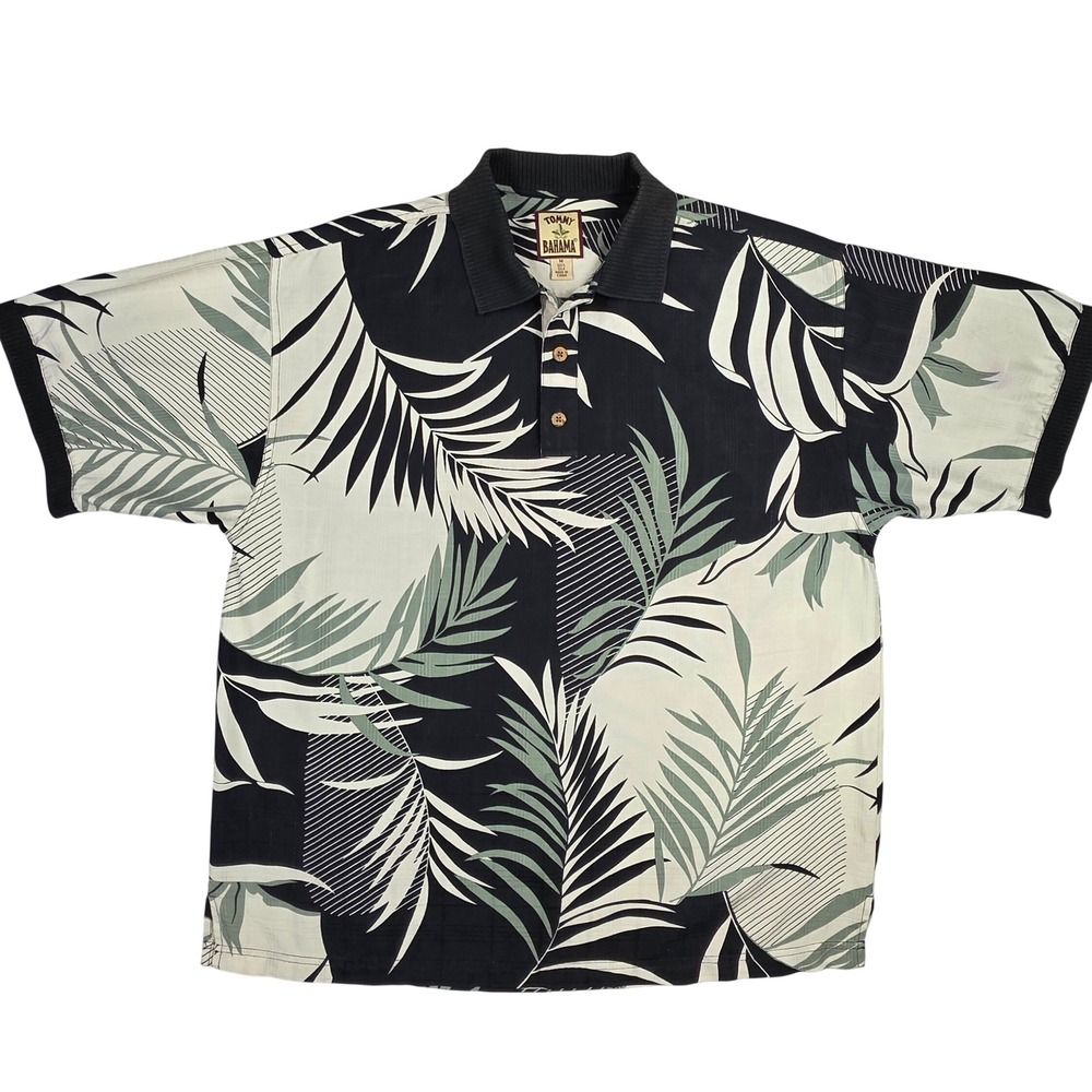 Tommy Bahama Mens Medium 100% Silk Tropical Palm Leaf Polo Shirt Black Cream